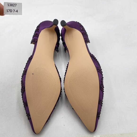 XYD Dark Purple Pointed Toe D'Orsay Kitten Heel Rhinestone Studs Slip-On Shoes - Picture 7 of 8